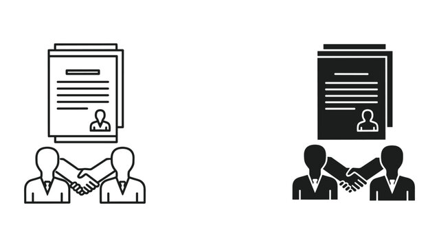 Business partnership and agreement icons with people shaking hands and documents