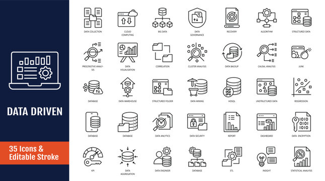 Data Driven icon set. Icons related to algorithm, big data, analysis, analytics, data mining, machine learning, ai, visualization, database, predictive, and more. Outline icon with Editable stroke