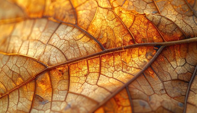 A detailed close-up showcases the intricate vein structure of a dried autumn leaf, bathed in warm, golden light.
