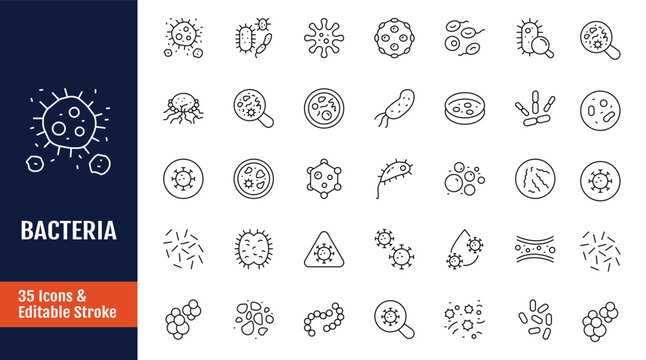 Bacteria icon set. Icon related to Bacteria, Microbe, Virus, Colony of Bacteria, Petri Dish and more. Outline icon with Editable stroke. Vector illustration