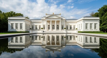 Fototapeta premium Magnificent white mansion with reflecting pool a stunning architectural masterpiece under a blue sky