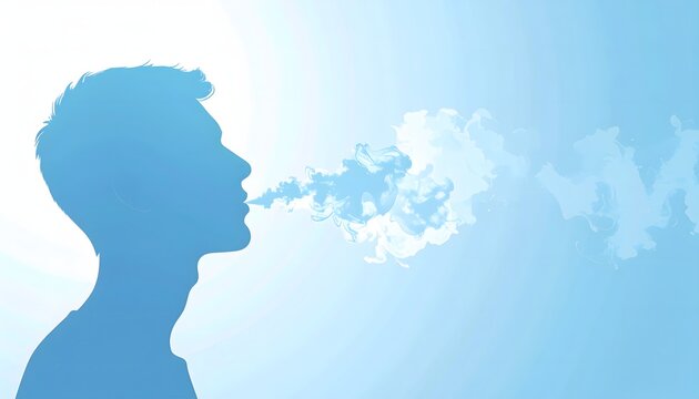 Silhouette profile of a person exhaling a cloud of vapor or smoke against a soft blue gradient background, symbolizing breath or release