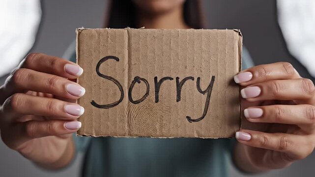 Woman Holding Cardboard Sign With Sorry Written In Black Marker Over Teal Shirt In Studio Lighting