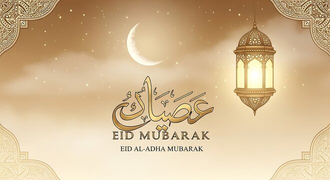Celebrating eid al-adha with traditional arabic lantern and crescent moon design