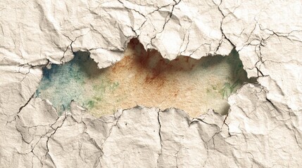 Naklejka premium A close-up of cracked, weathered paper revealing a textured, rusty, and greenish surface underneath.