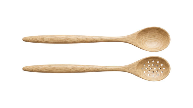Two light wooden cooking spoons including slotted spoon