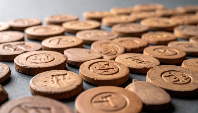 Close-up of a collection of small ancient clay bullae each impressed with unique proto-cuneiform script