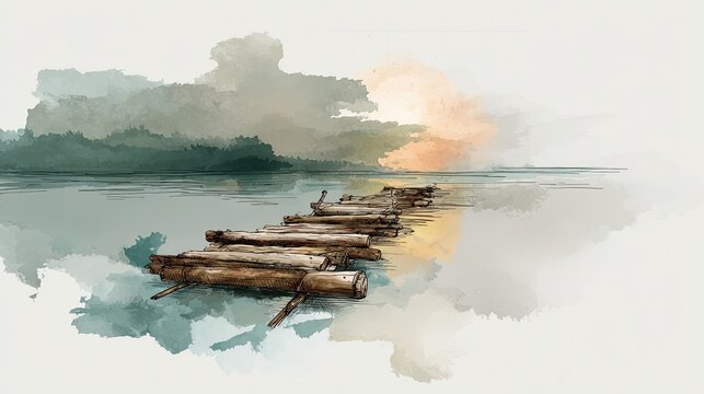A serene watercolor painting of a wooden log pier extending into calm water under a cloudy sky with soft sunlight.