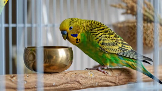 A cute budgie bird drinks water from a metal bowl in its cage.