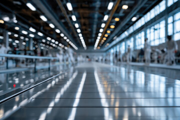 Obraz premium This image captures a large, modern industrial space with a glossy floor reflecting the overhead lights, showcasing a vibrant and dynamic environment ideal for creative work.