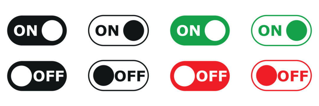 Modern on off toggle switch icons in black green and red for digital user interface