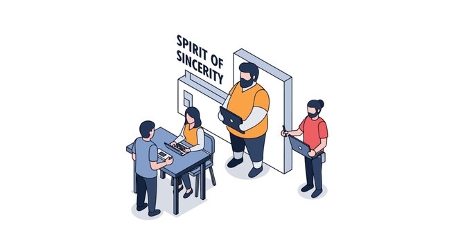 Isometric illustration of people in a business meeting discussing sincerity.