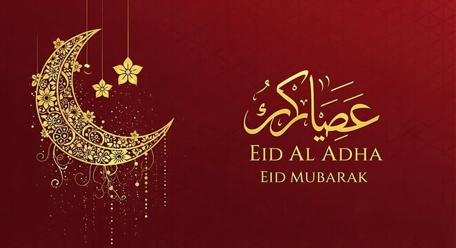 Celebratory eid al adha greeting card with arabic calligraphy and decorative crescent moon