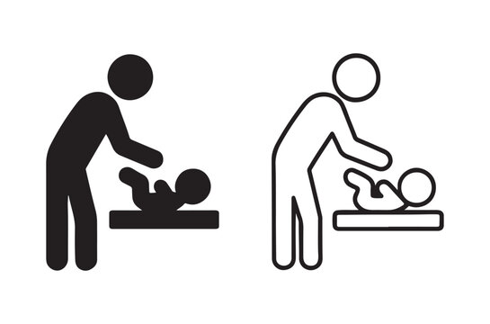 Two depictions of a parent changing a baby s diaper