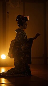暗がりに浮かび上がる伝統的な衣装を纏った芸者の舞い