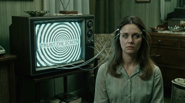 Woman with wired electrodes on head watching hypnotic spiral on retro television screen. Mind control, psychological manipulation and brainwashing concept. Surreal dystopian science fiction.