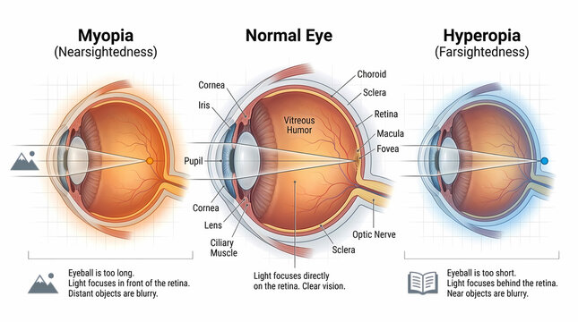 Comparison of Myopia (Nearsightedness), Normal Eye, and Hyperopia (Farsightedness).