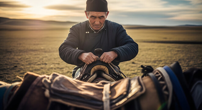 A senior man in traditional clothing carefully adjusting and fixing a heavy leather saddle on the grassy plains
