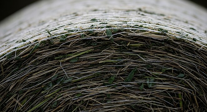 A close-up view of frosted alfalfa bales sitting in a rural field during a cold winter morning, highlighting the texture of dry hay and green leaves