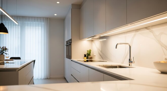 Modern Minimalist White Kitchen with Marble Backsplash and LED Lighting