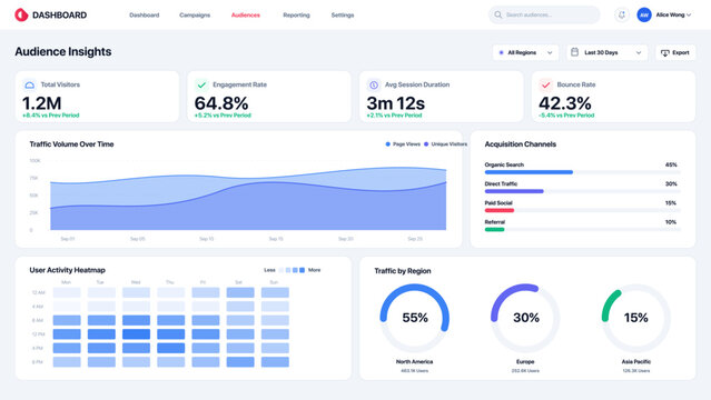Modern audience insights dashboard UI vector showing traffic volume, engagement, acquisition channels, and heatmap analytics. Ideal for marketing platforms, SaaS tools, and data visualization.