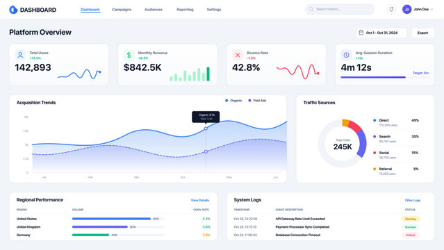 Modern platform analytics dashboard UI vector showing user growth, revenue, traffic sources, and system logs. Ideal for SaaS platforms, web analytics tools, and data visualization systems.