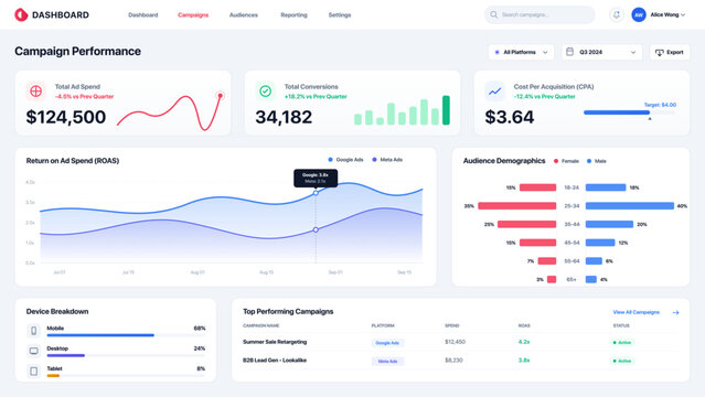 Modern marketing dashboard UI vector showing campaign performance, conversions, ROI, audience analytics, and ad metrics. Ideal for digital marketing tools, SaaS platforms, and data visualization.