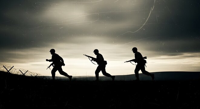Dramatic silhouette of soldiers running across a battlefield at sunset with barbed wire, military troops on a tactical mission, war concept, vintage film grain texture, heroic army combat scene