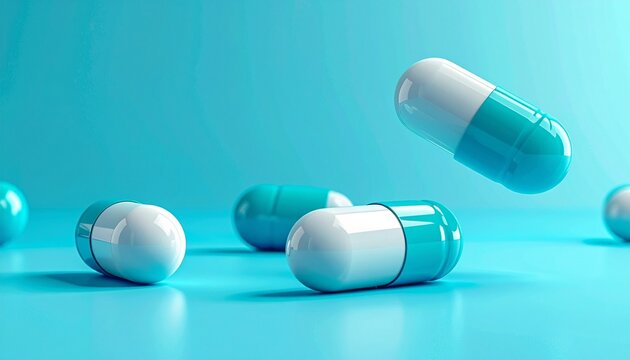 Turquoise and white capsules on blue surface with suspended pill