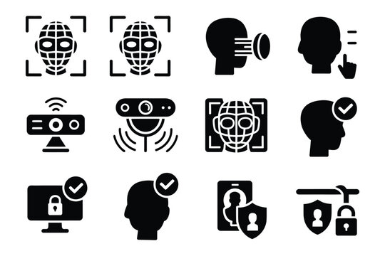 Sensor scan identity recognition icon set vector, face detection shield and IR dot scanning symbols for biometric security technology design