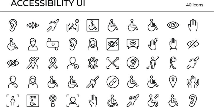 Accessibility interface line icon set for inclusive design assistive features disability support and user interaction applications