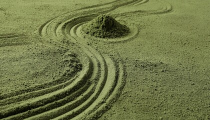 Obraz premium Top down view of green matcha tea powder raked in zen garden pattern