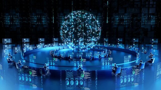 Science and technology big data center, future concept business office. Artificial intelligence digital information processing, high-tech roundtable conference, global Internet intelligent system.