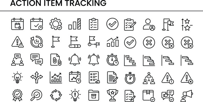 Action item tracking line icon set for task workflow management checklist progress monitoring and digital productivity applications