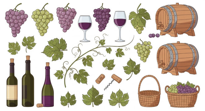 Vineyard Wine Vector Set with Grapes, Bottles, Glasses and Rustic Harvest Elements in Flat Isolated Style