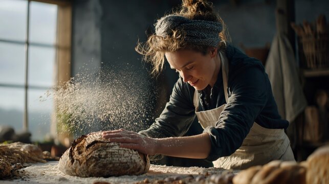 Baker preparing bread dough with flour