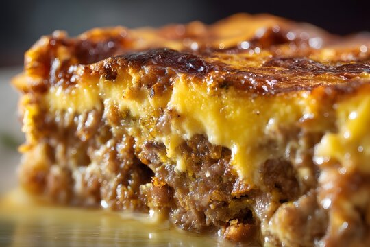 Savory meatloaf layered with cheese and baked until golden brown, bobotie baked    
