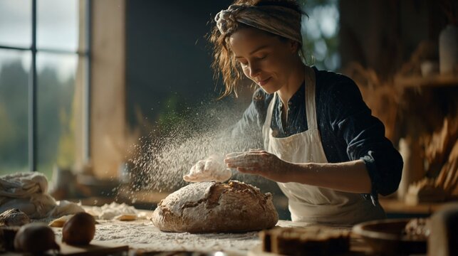 Baker dusting flour on bread dough
