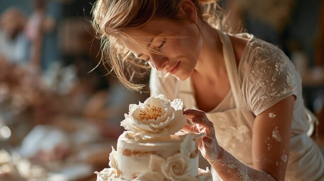 Baker decorating a cake with a flower