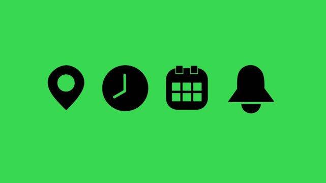 Animated Time Management and Scheduling Icons: Location, Clock, Calendar, and Notification Bell on Green Screen Background.