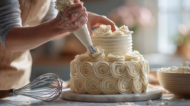 Baker decorating a two-tier cake with frosting roses