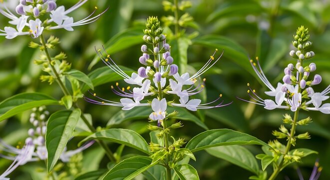 Close-up of Cat's Whiskers plant (Orthosiphon stamineus) with delicate white and purple flowers and long stamens, thriving in a lush garden environment