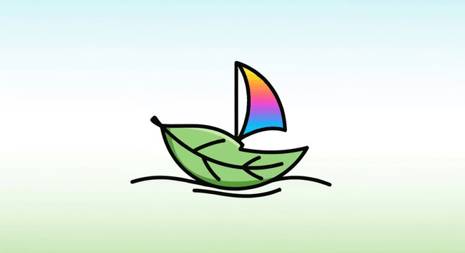 Whimsical cartoon illustration of a green leaf boat with a vibrant rainbow sail on calm water
