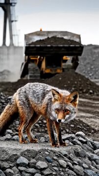 Fox stands on rocks with bulldozer in background.