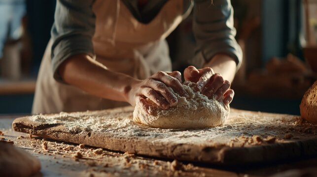 Baker kneading dough on wooden board