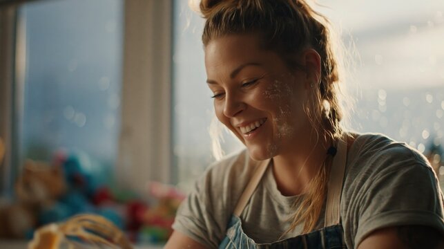 Woman with flour on face laughing while cooking