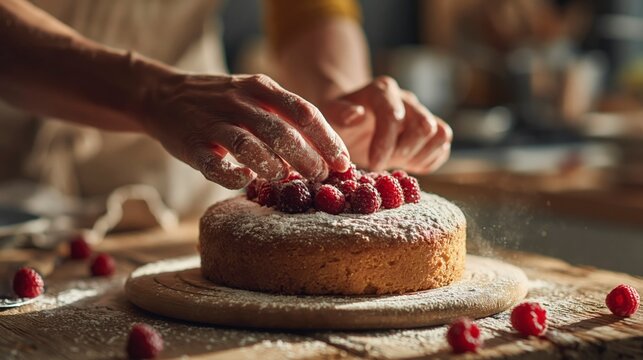 Baker decorating cake with raspberries and powdered sugar