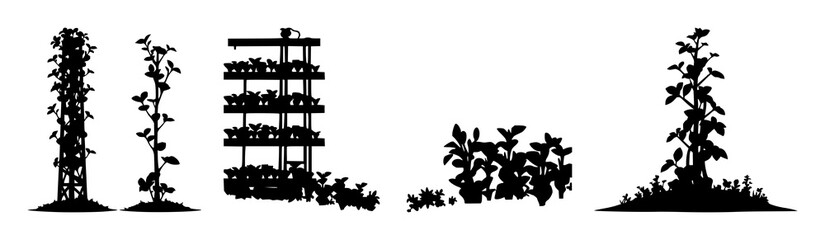 Obraz premium Solid black icon, white background: vertical farming plant tower set with simple line art design featuring line art, illustrations, graphic resources with vector and design elements