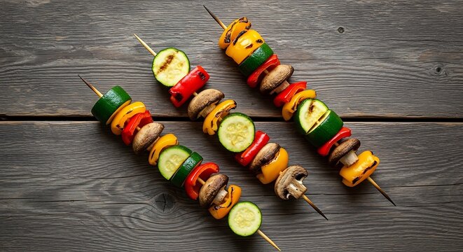 Colorful skewers on wooden table.