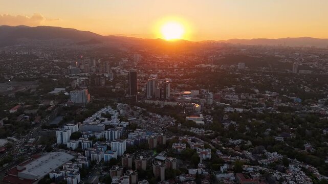 Aerial hyperlapse of Mexico City south with sunset light